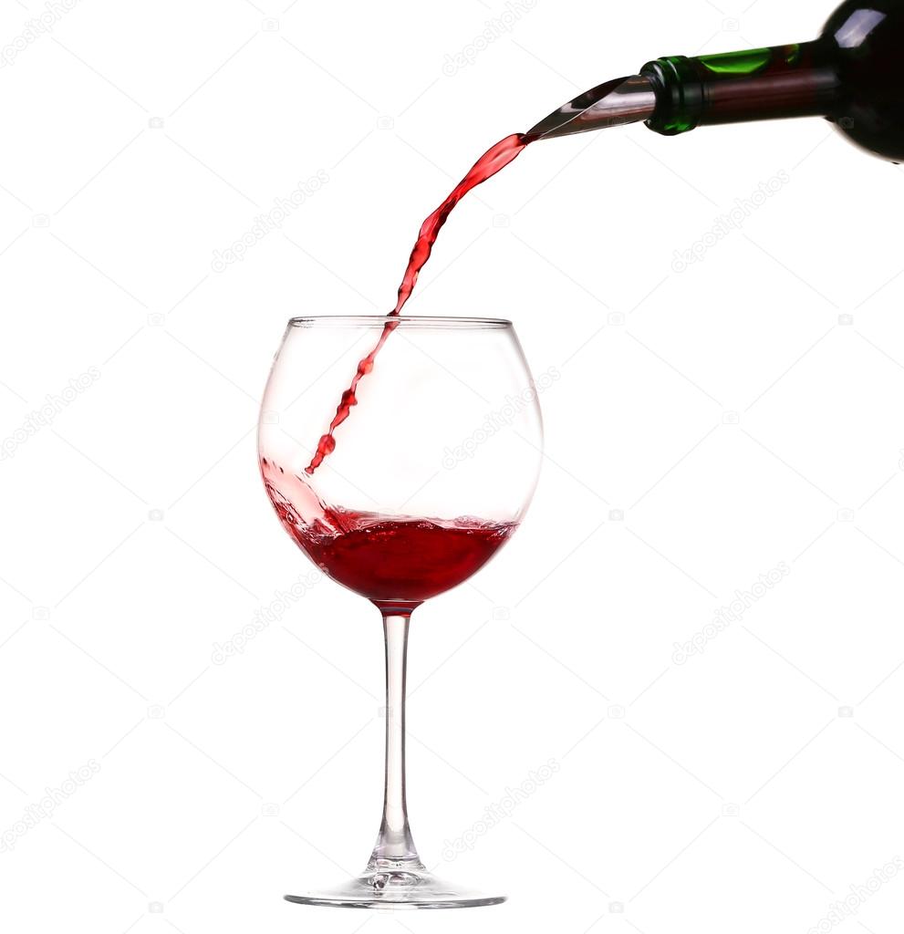 Wine collection - Splashing red wine in a glass. Isolated on white background and pourer