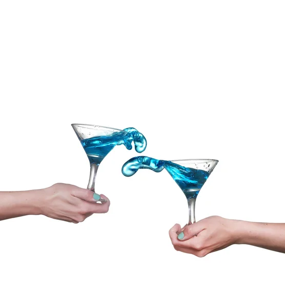 Collage Cocktail alcolico blu su spruzzi isolati bianchi — Foto Stock