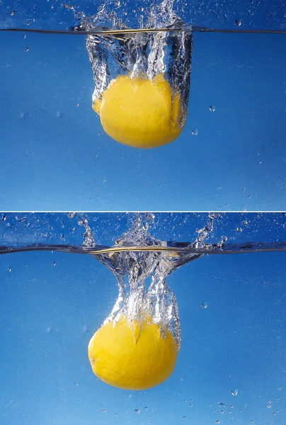 Collage Whole lemon dropped in water against gradient blue background — Stock Photo, Image