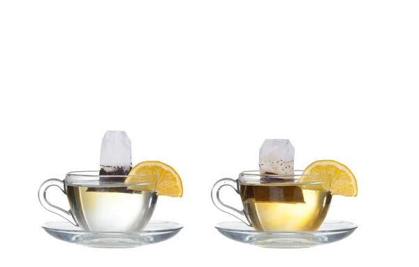 Collage Tè in tazza di vetro isolato su sfondo bianco — Foto Stock
