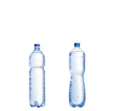 Soda su şişesi boş etiket ile kolaj. Beyaz izole