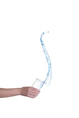 Blue water splashing in glass held by hand, white background clipart