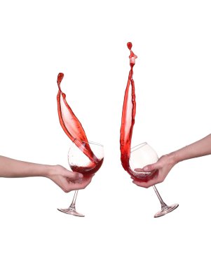 Kırmızı şarap cam, beyaz arka plan üzerinde izole sıçramasına kolaj