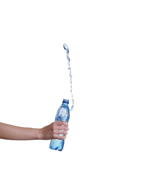 Water fles met Water Splash in Hand — Stockfoto