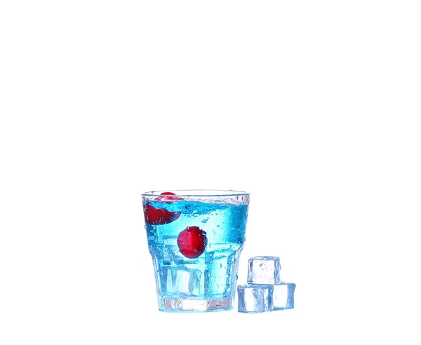 Blue cocktail with ice and cherry splash on white — Stock Photo, Image