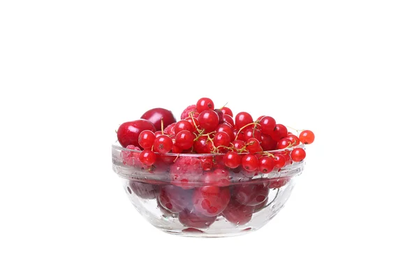 Framboises et groseilles cerises dans un verre sur blanc — Photo