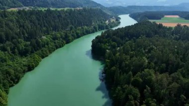Gortina yakınlarındaki Drava nehrinin yaz drone görüntüleri, yeşil yamaçlar, durgun su, vadi kıvrımları, yumuşak akşam ışığı, barışçıl hava hareketi