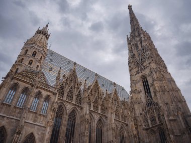 Viyana Stephansplatz 'ın ikonik katedrali ve eski şehir sokaklarını çevreleyen tarihi mimarisi, canlı şehir atmosferi, Avrupa seyahat beldesi, kültürel kentsel manzarası.