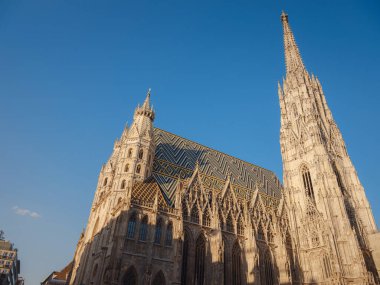 Viyana Stephansplatz 'ın ikonik katedrali ve eski şehir sokaklarını çevreleyen tarihi mimarisi, canlı şehir atmosferi, Avrupa seyahat beldesi, kültürel kentsel manzarası.