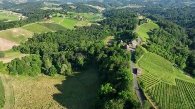 Yaz insansız hava aracı görüntüleri, Styria üzüm bağlarının gün batımında parladığını, yeşil sıralarla kaplı tepeleri, sıcak atmosferi, sakin manzarayı, şarap ülkesinin sessiz güzelliğini yakaladığını gösteriyor..