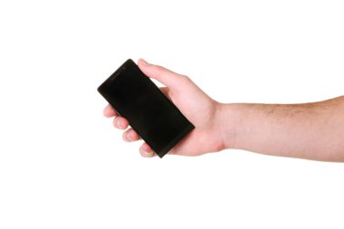 Beyaz arka plan üzerinde izole erkek elinde cep telefonu