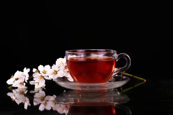 Tasse schwarzen Tee mit Kirschblüte. Kopierraum Hintergrund. — Stockfoto