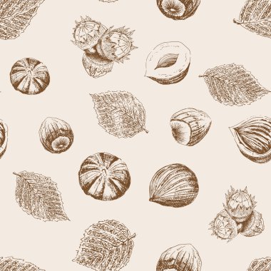 Sorunsuz doğa desen. Fındık ve düşen yapraklar. Çizim mürekkebi