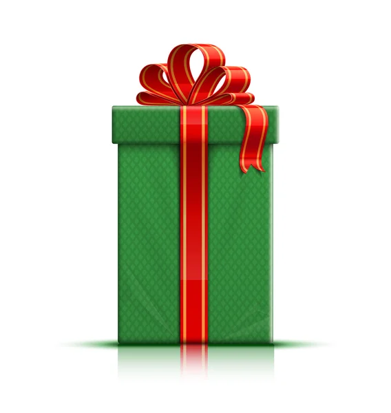Coffret cadeau vert avec ruban de soie rouge et arc — Image vectorielle