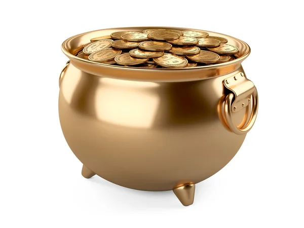 Pot met goud. Ketel vol met munten. — Stockfoto