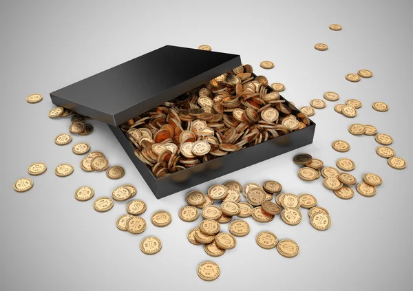 Černá dárková krabička s zlaté mince. — Stock fotografie