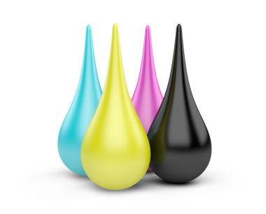 CMYK kavramı ile dört damla mürekkep.