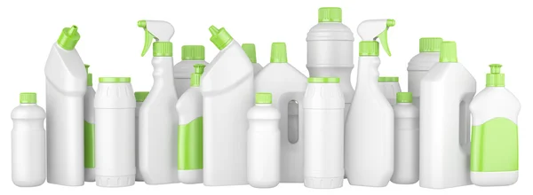 Plastic detergent bottles with green caps in a row. — Stock Photo, Image