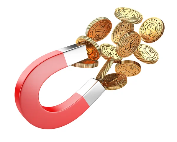 Money horseshoe magnet attracting gold dollar coins. — Stock Photo, Image
