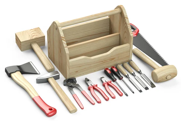 你的工具箱用的木箱 旁边是斧头 螺丝刀 锯子和钳 3D在白色背景上孤立的图解 — 图库照片