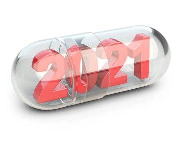 İçinde 2021 numara olan cam kapsül. Küresel koronavirüs salgınıyla mücadele kavramı.
