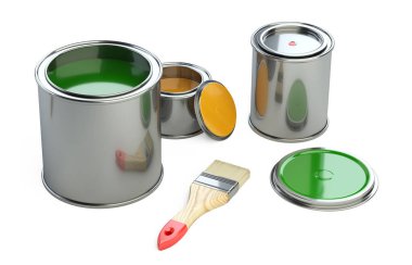 Renkli boya kutuları ve yeni bir fırça. 3d illüstrasyon beyaz arkaplanda izole edildi.