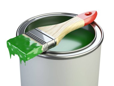 Kapağı açık bir teneke kutu ve uçuşta fırça. Tadilat sırasında fantezi uçuşu kavramı. 3d illüstrasyon beyaz arkaplanda izole edildi.