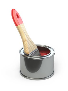 Kapağı açık bir teneke kutu ve uçuşta fırça. Tadilat sırasında fantezi uçuşu kavramı. 3d illüstrasyon beyaz arkaplanda izole edildi.