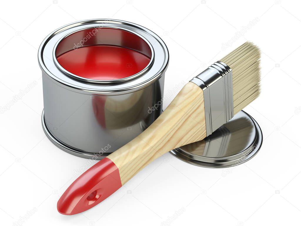 Open can of red paint. The new repair brush is on. 3d illustration isolated on white background.