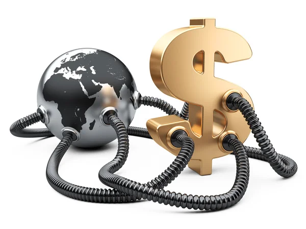 Olie en gas buizen verbonden aan dollarteken en planeet aarde. — Stockfoto