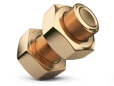 Altın cıvata ve somun beyaz arka plan üzerinde izole