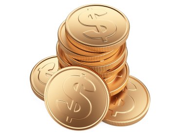 Altın sikke üzerinde beyaz izole yığını