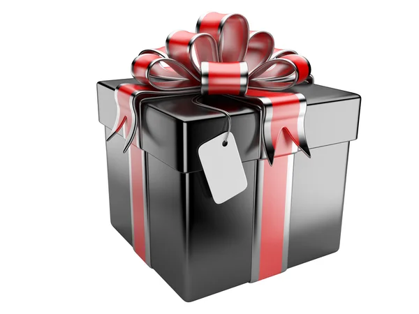 Black gift box with blank gift tag — Stock Photo, Image