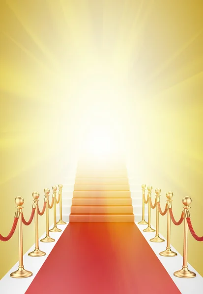 Treppe und roter Teppich zwischen zwei goldenen Standrohren mit Seil — Stockfoto