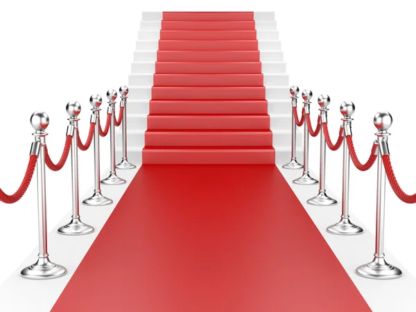 Staircase and red carpet between two metallic stanchions with ro — Stock Photo, Image