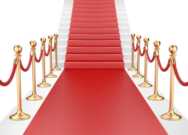 Staircase and red carpet between two gold stanchions with rope — Stock Photo, Image