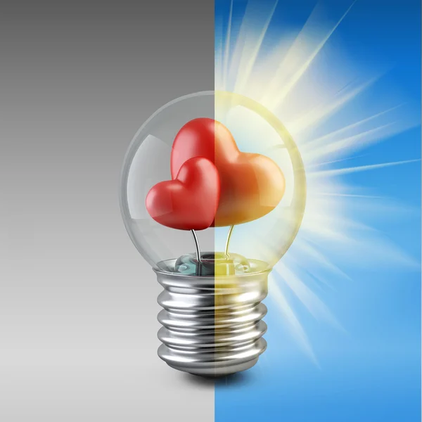 Conceito lâmpada com uma forma vermelha de um coração — Fotografia de Stock