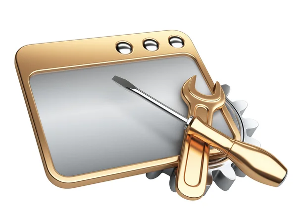 Dialog window with gold gear wheel and screwdriver — Stock Photo, Image