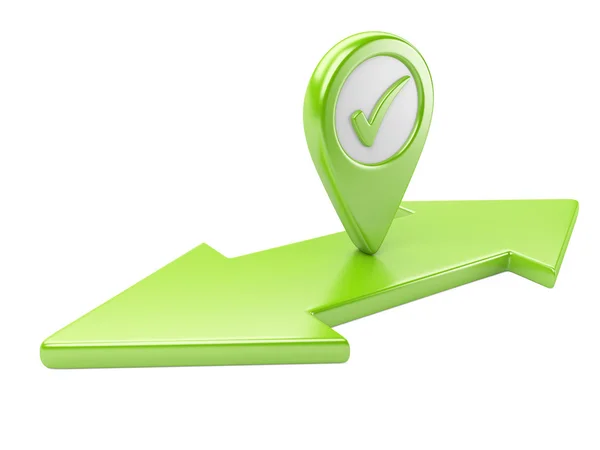 Flecha verde de doble dirección con marca de verificación y puntero de mapa —  Fotos de Stock