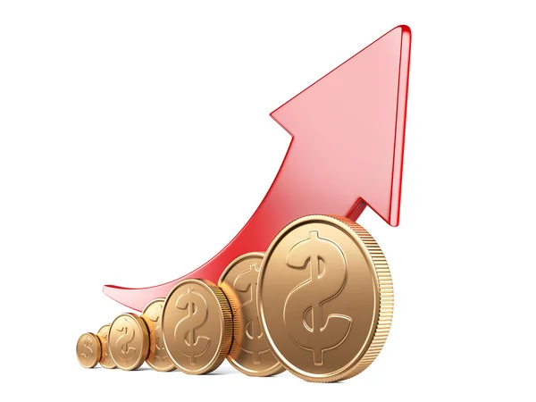 Financial success concept. Red arrow up and gold coins — Stock Photo, Image