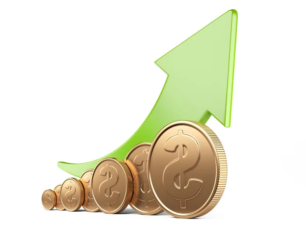 Financial success concept. Green arrow up and gold coins — Stock Photo, Image