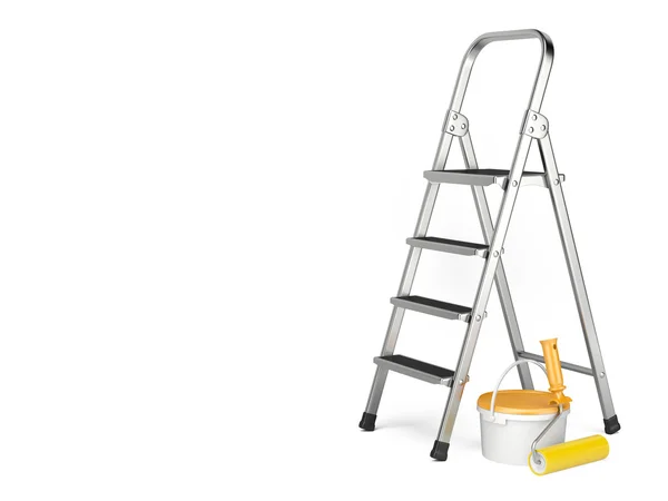 Home Improvement. Ladder, paint can and paint roller — Stock Photo, Image