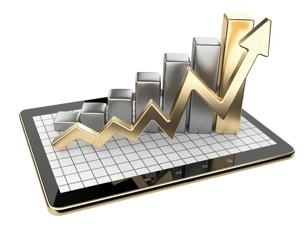 Gold graph and chart on tablet pc - Business statistic concept. — Stok fotoğraf