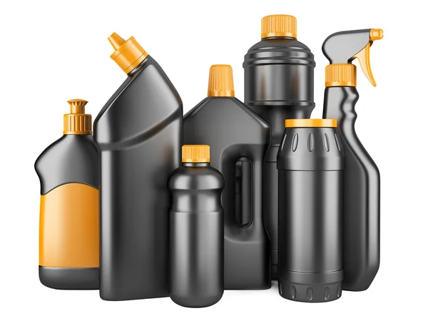 Set of black bottles with detergents — 图库照片