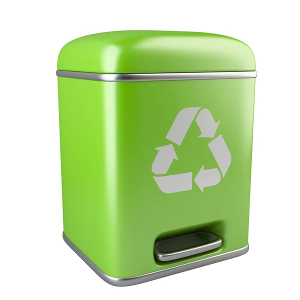 Closed green ecological trash can with recycling sign — Stock Photo, Image