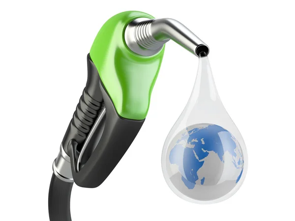 Ugello pompa carburante verde e goccia acqua con terra . — Foto Stock