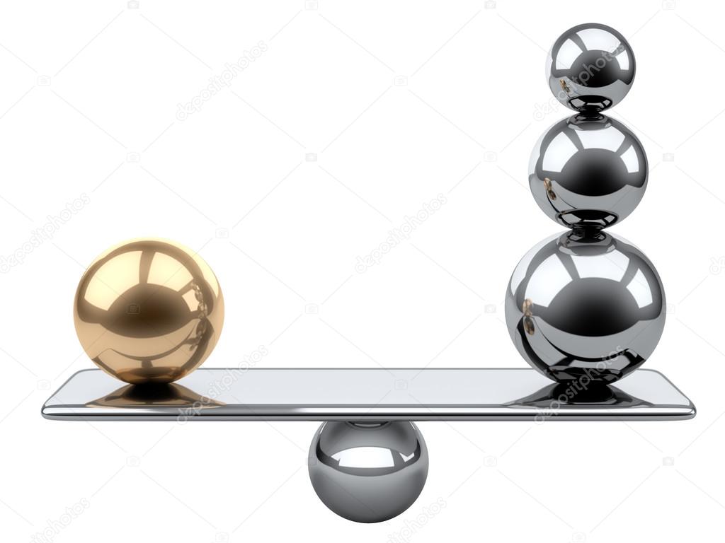 Balance between large gold and steel spheres. 