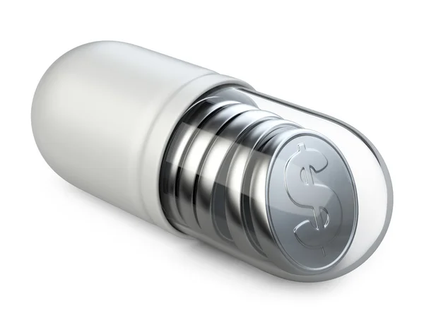 Medical transparent capsule with a silver coins. — Stock Photo, Image