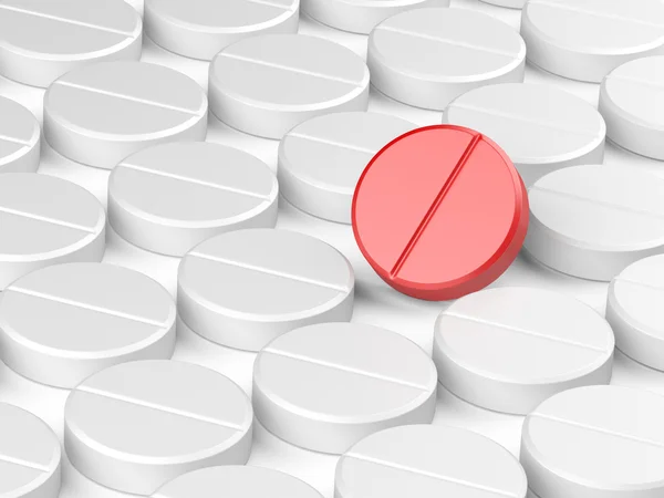 Uma pílula vermelha em muitos brancos — Fotografia de Stock