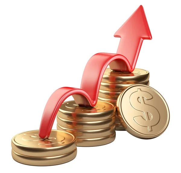 Red arrow up and bar chart diagram of golden dollar coins — Stock Photo, Image